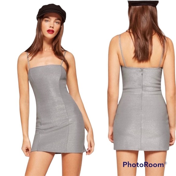 Reformation Sleeveless Mini Dress M Silver Metallic Bodycon Sheath Party Glam - Picture 11 of 13